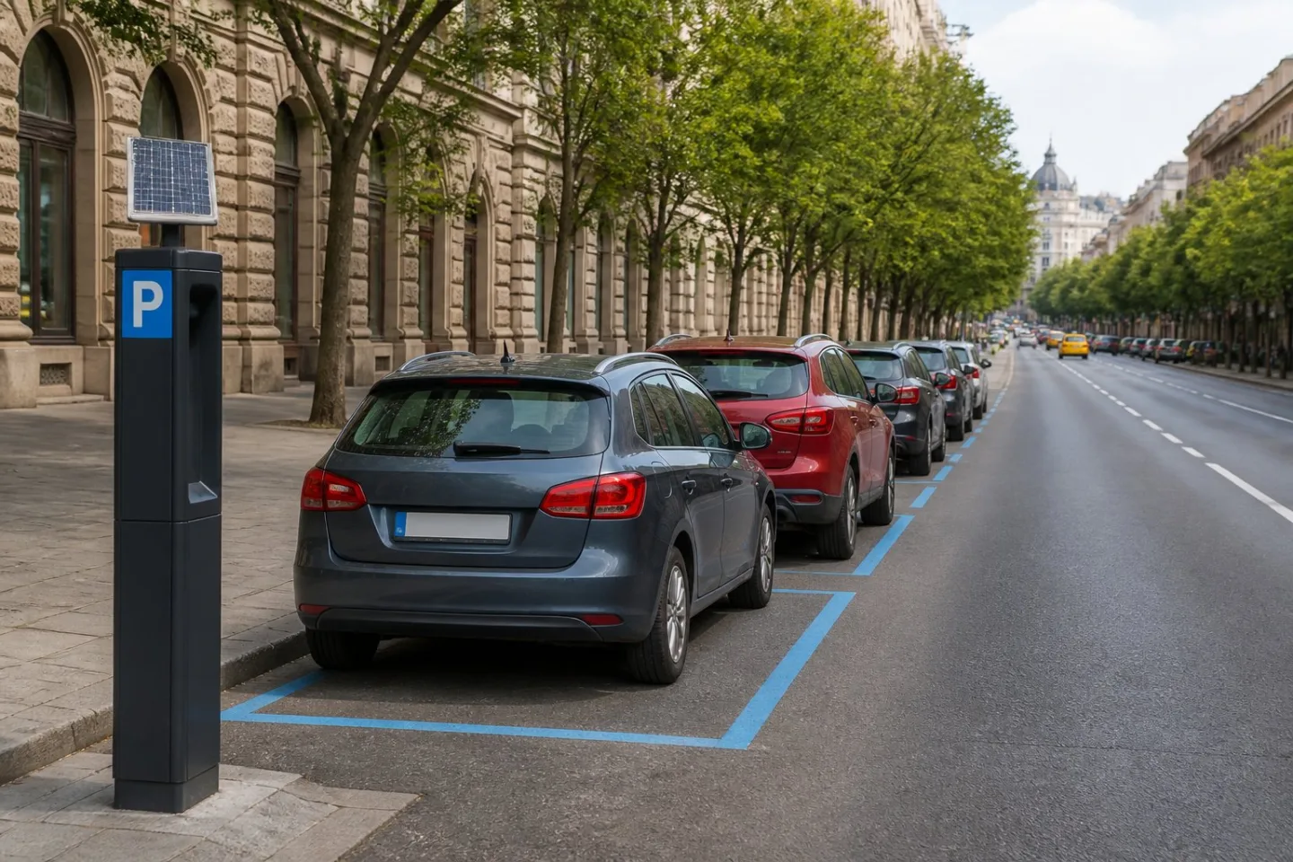 A Budapest street with marked curbside parking spaces and several parked cars beside historic buildings.