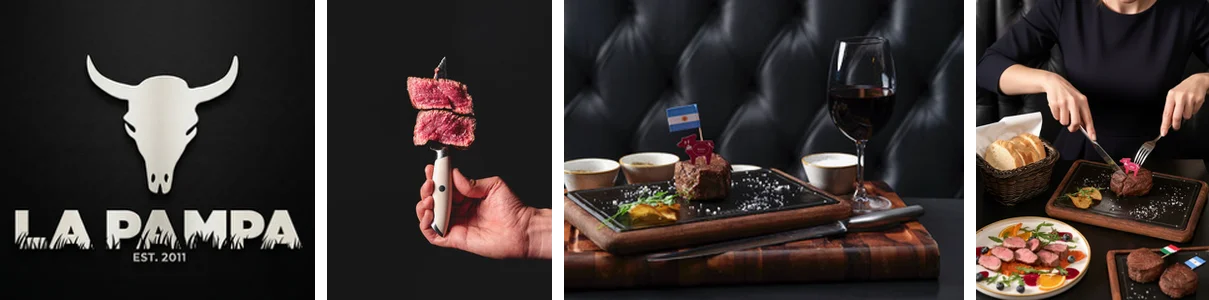 La Pampa's logo, a cut of steak on a fork, and steaks served at the restaurant with a glass of red wine.