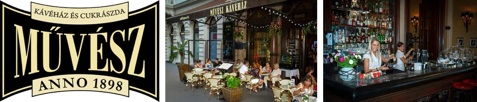 The Művész Coffee House logo, the café's terrace on Andrássy út, and the bar inside.
