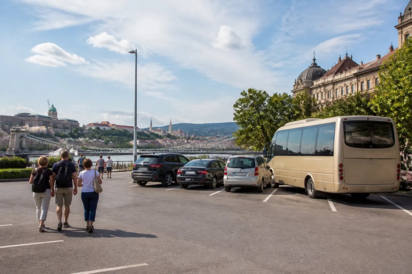Tourists and cars in a public car park near Budapest’s historic city centre.