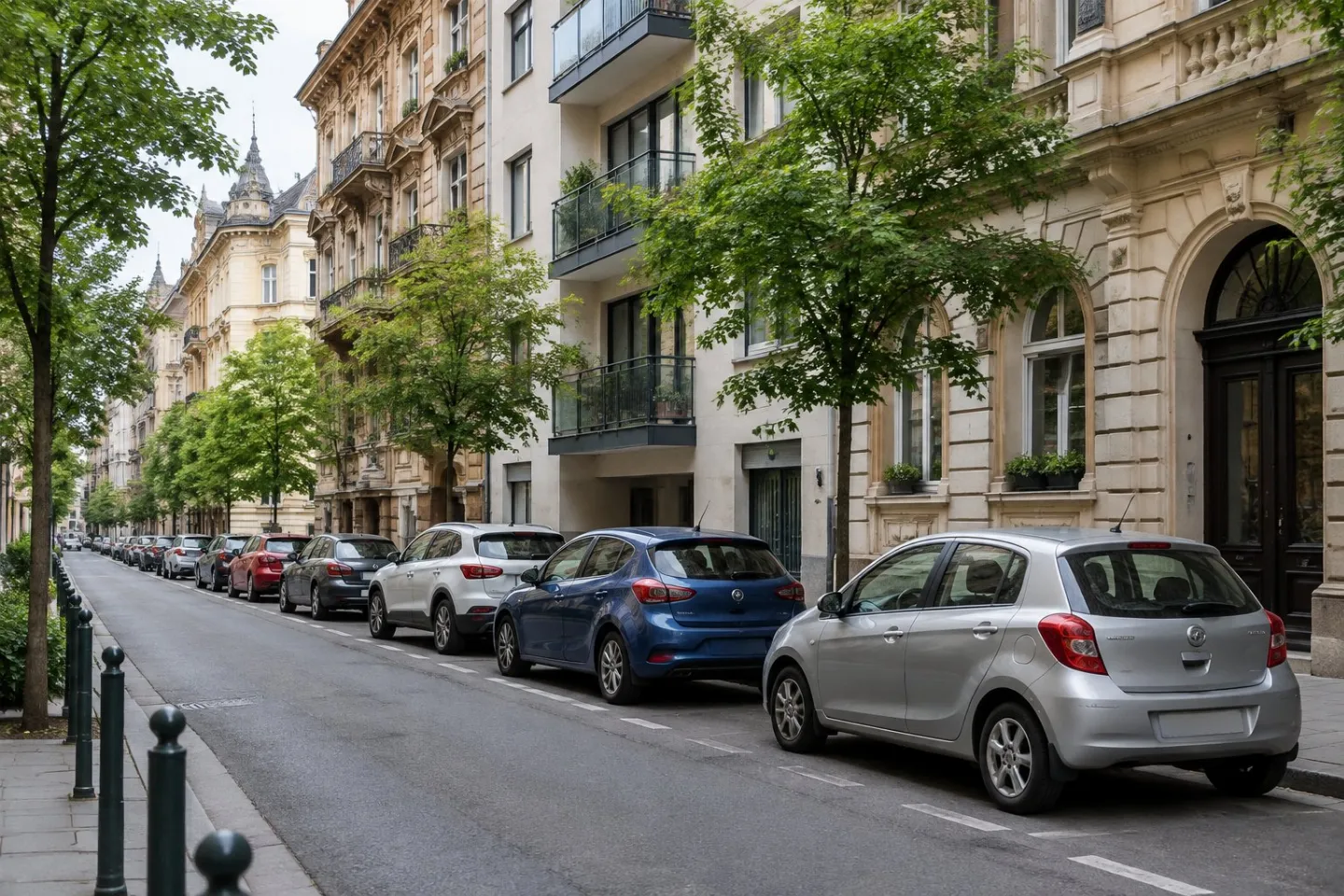 Parked cars line a city street beside historic apartment buildings and leafy sidewalks.