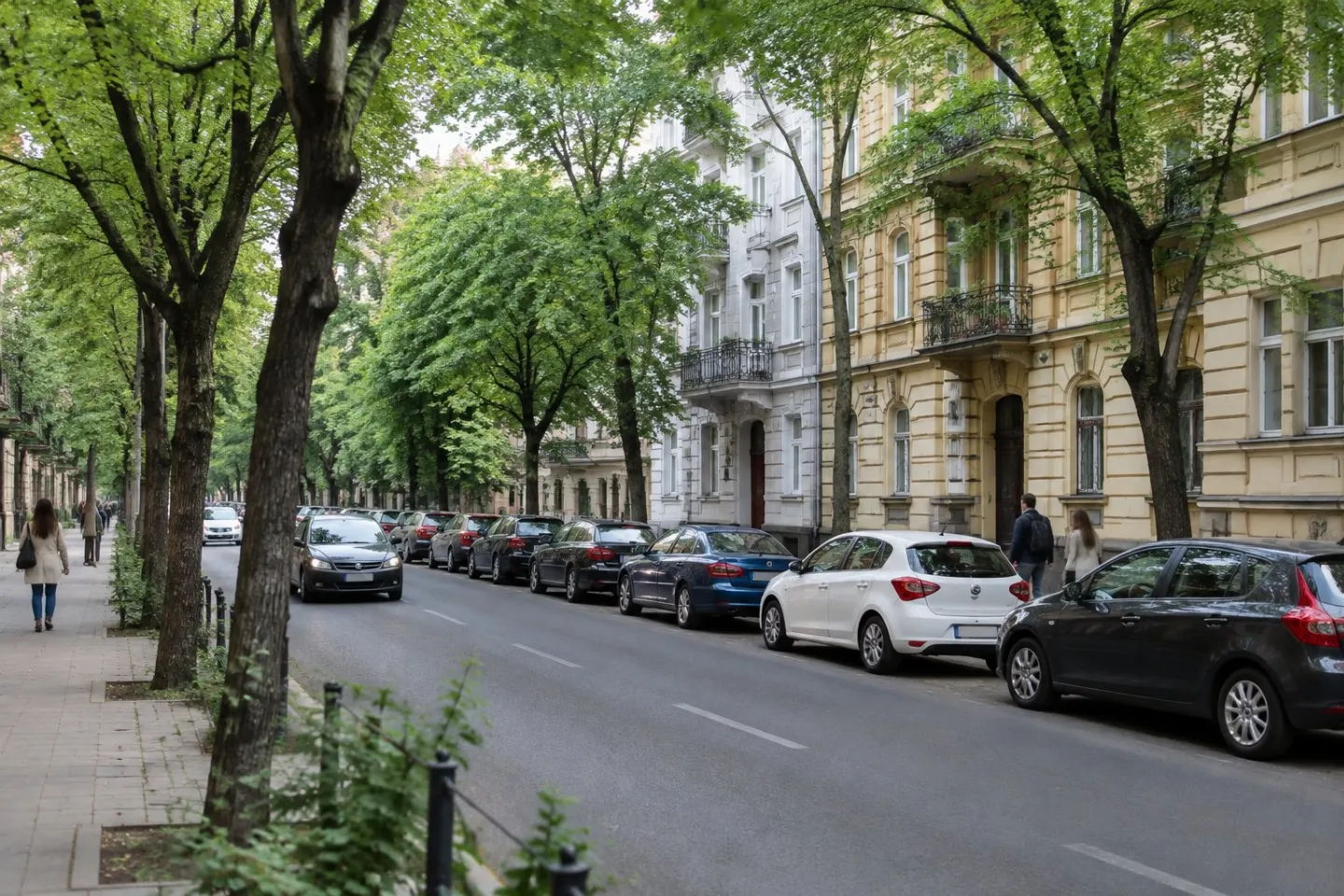 Cars parked along a tree-lined city street.