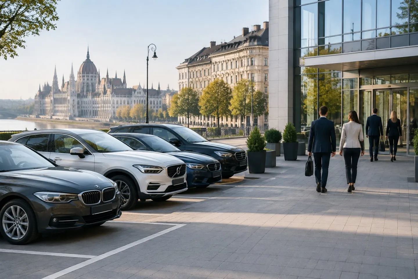 Cars parked outside a Budapest office building as professionals walk toward the entrance.