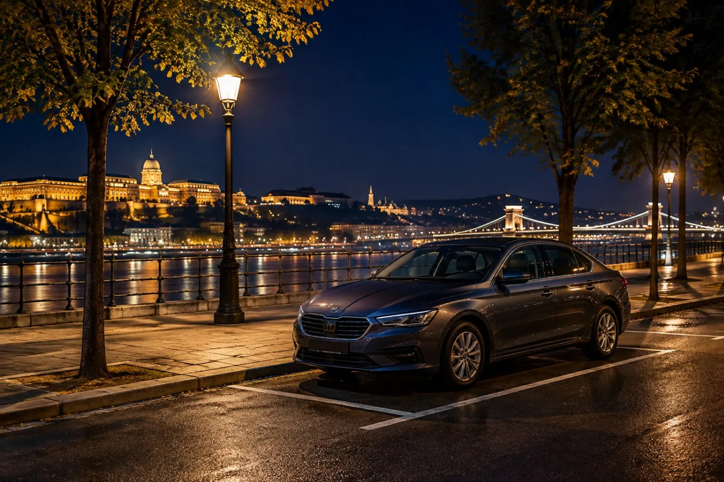 A car parked on a Budapest street at night.