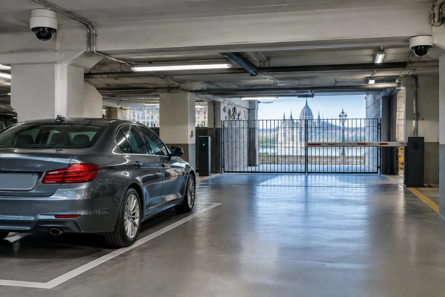 A car parked in a secure underground garage in Budapest.