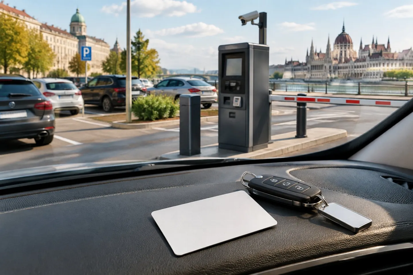 A blank parking permit beside car keys in a modern Budapest parking area.