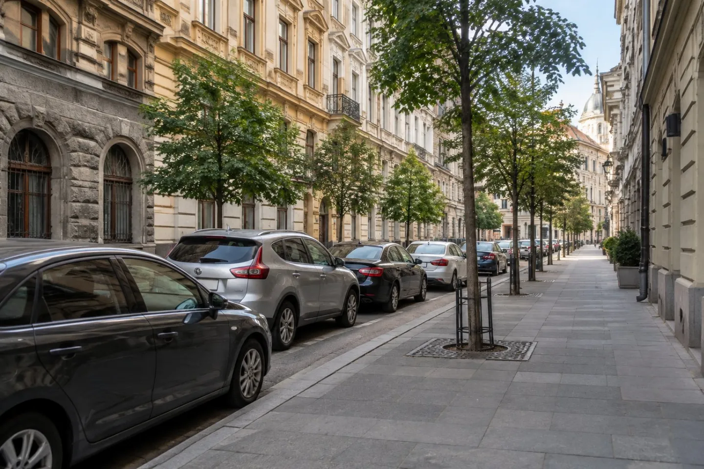 Cars parked along a city street beside buildings.