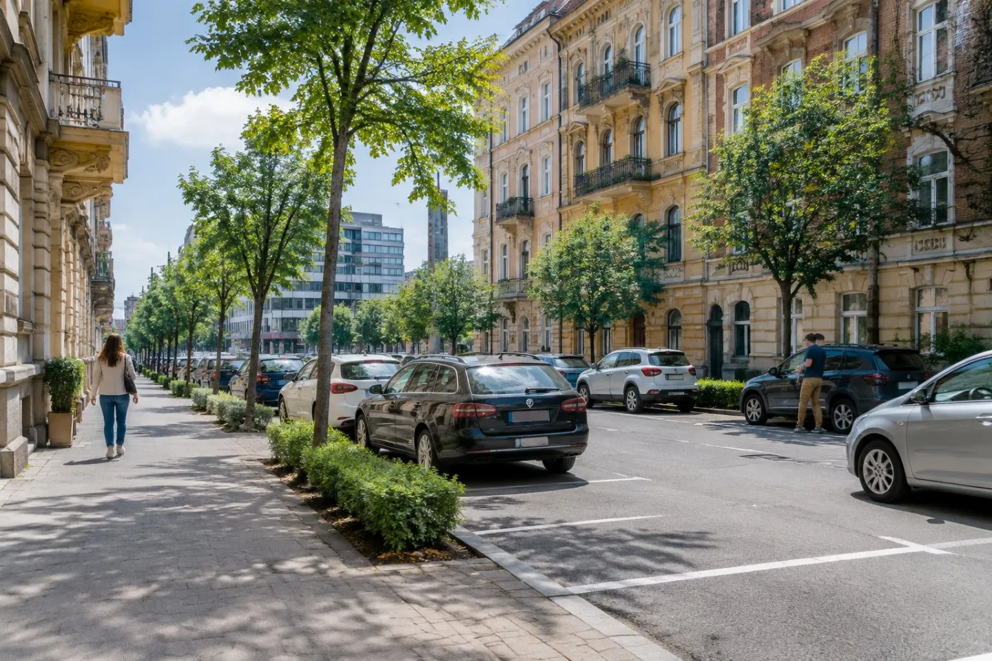 Cars parked along a tree-lined street beside apartment buildings in Budapest.
