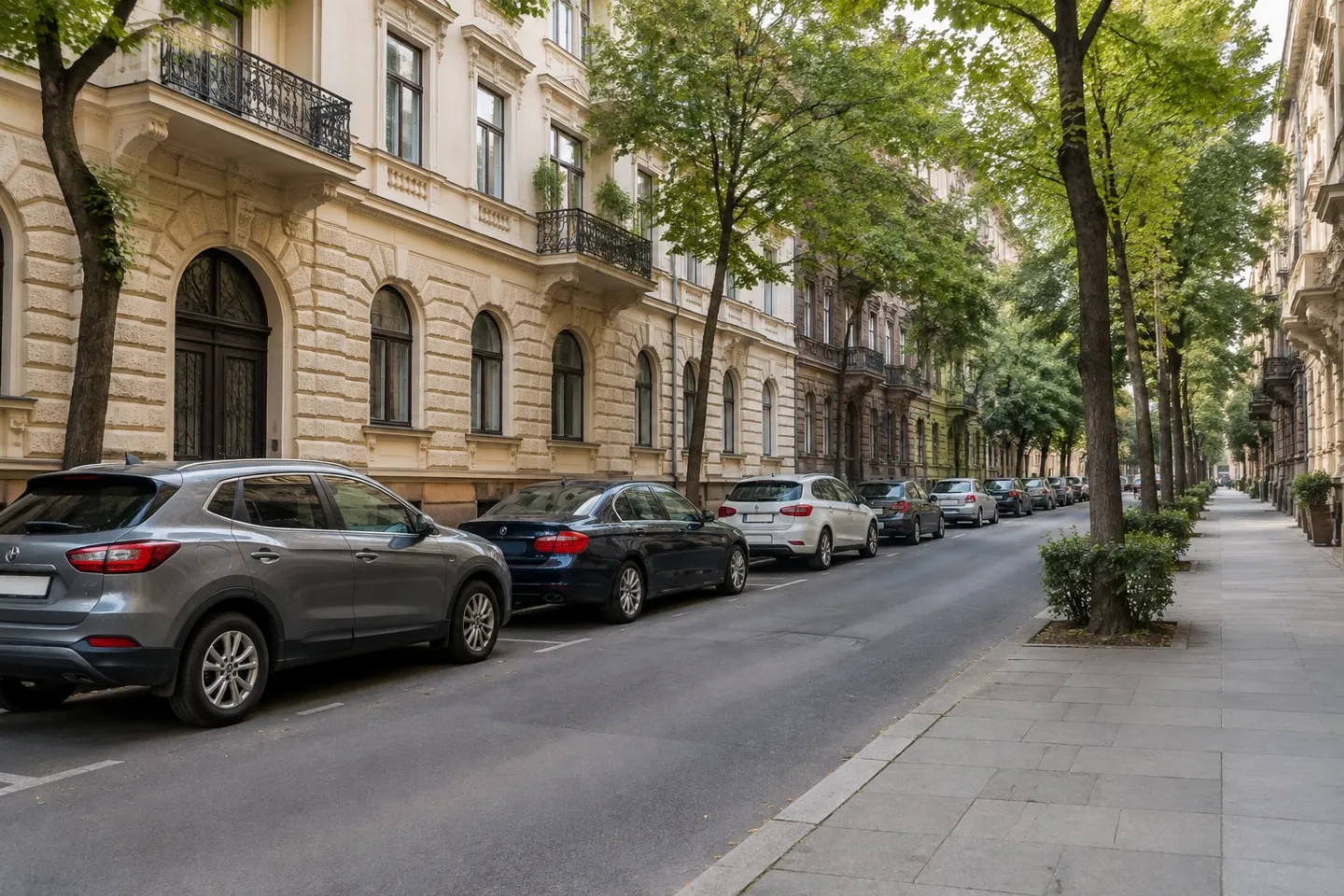 Cars parked along a city street beside apartment buildings and trees.