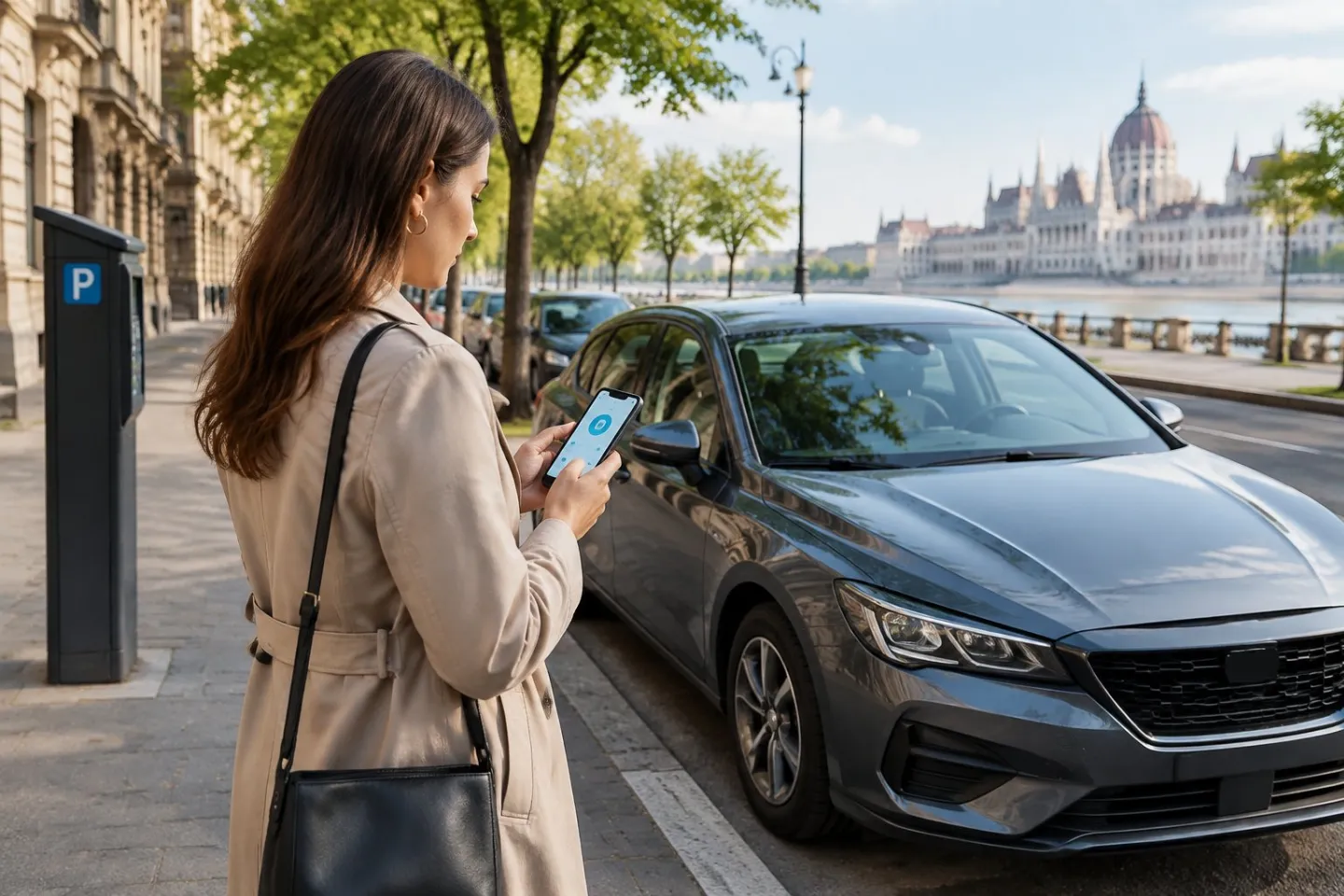 A person uses a smartphone beside a parked car on a Budapest street.