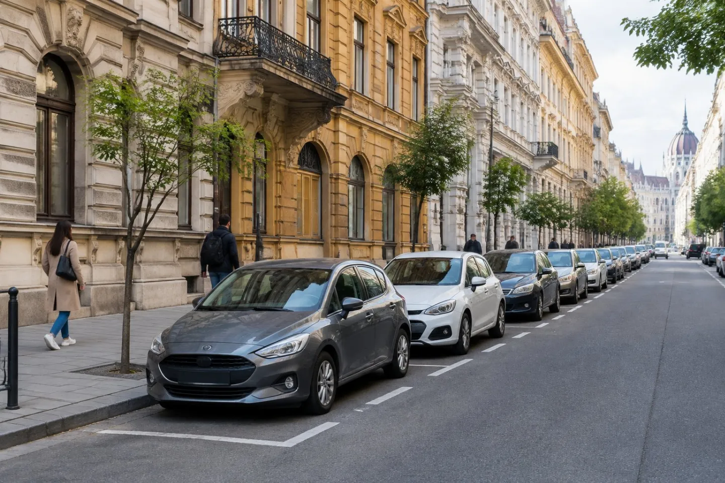 Parked cars lining a city street beside historic urban buildings.
