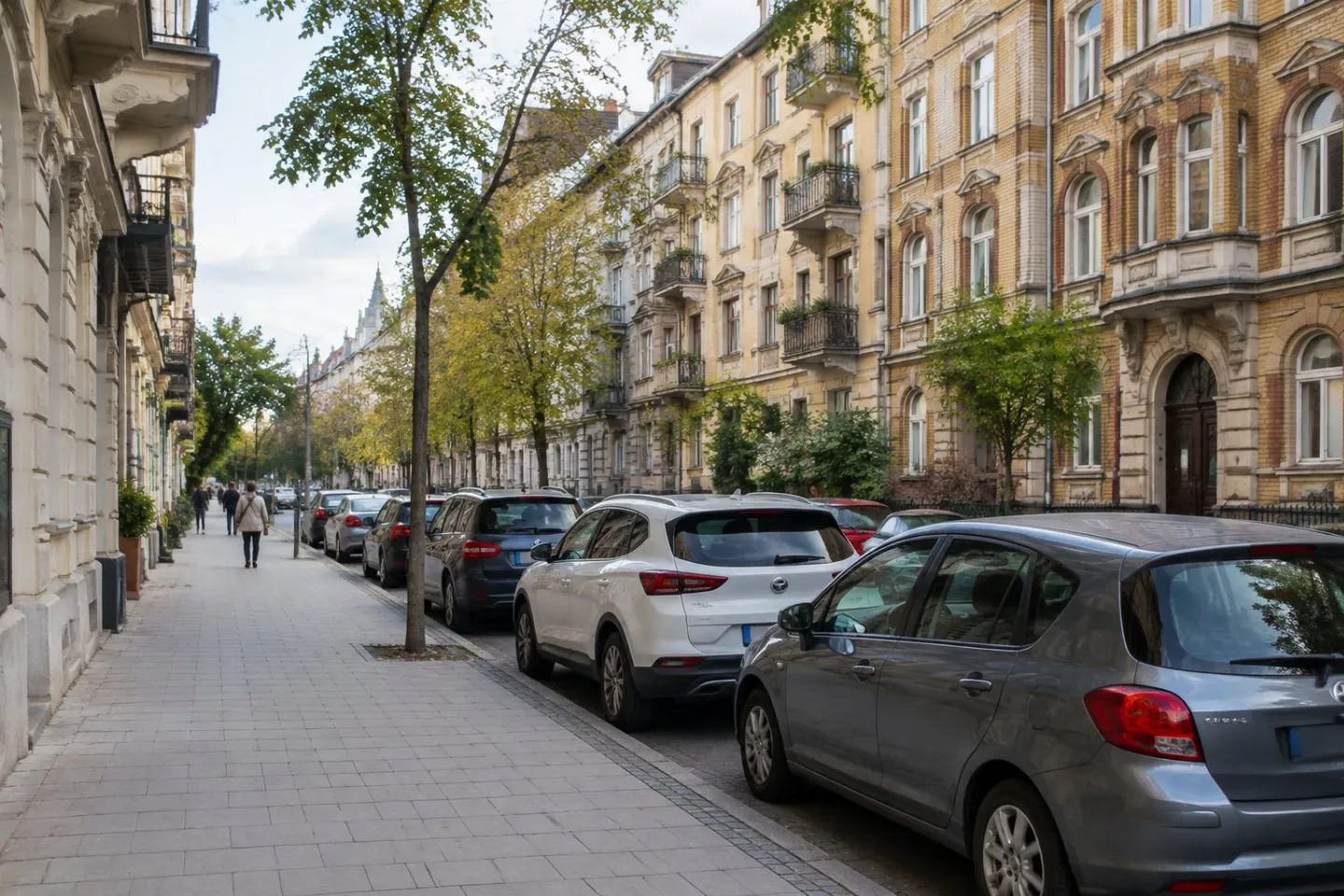 Cars parked along a street in Budapest’s 9th district.