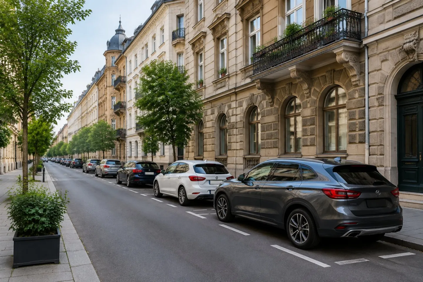 Cars parked along a city street beside historic apartment buildings.