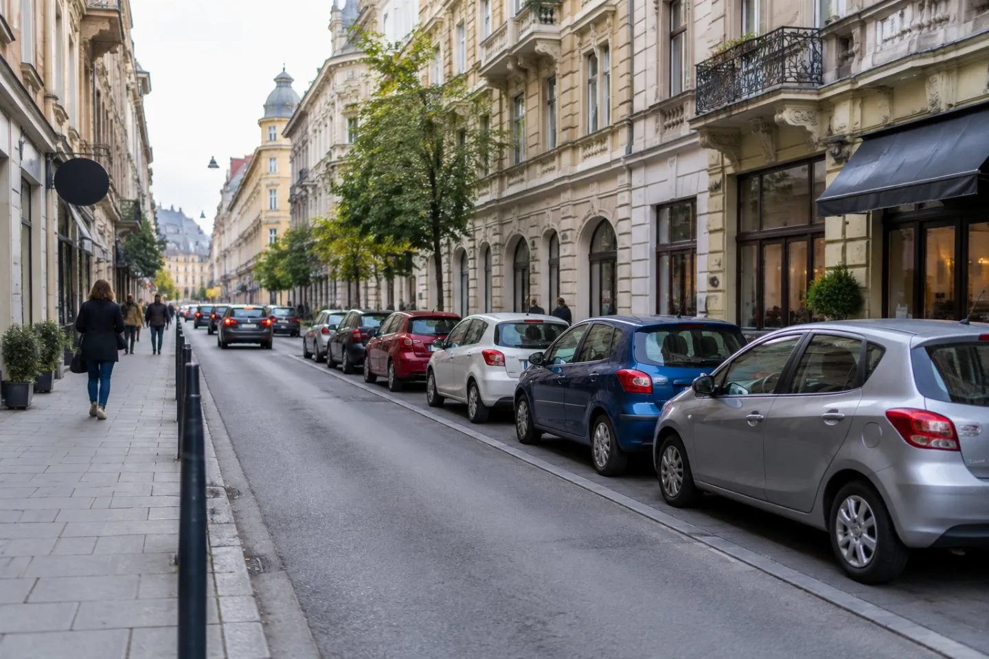 Cars parked along a city street beside historic buildings.