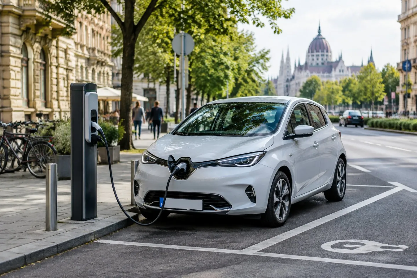 An electric car charging in a marked parking space on a Budapest street.